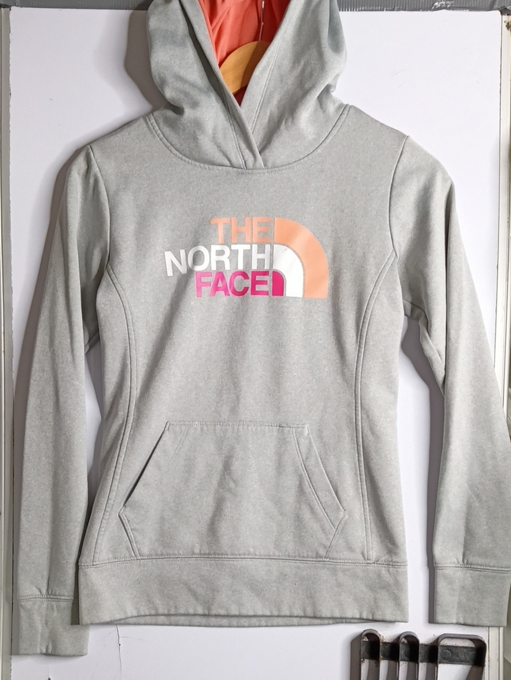The North Face Women's Light Gray Hoodie with Pink & Peach Logo